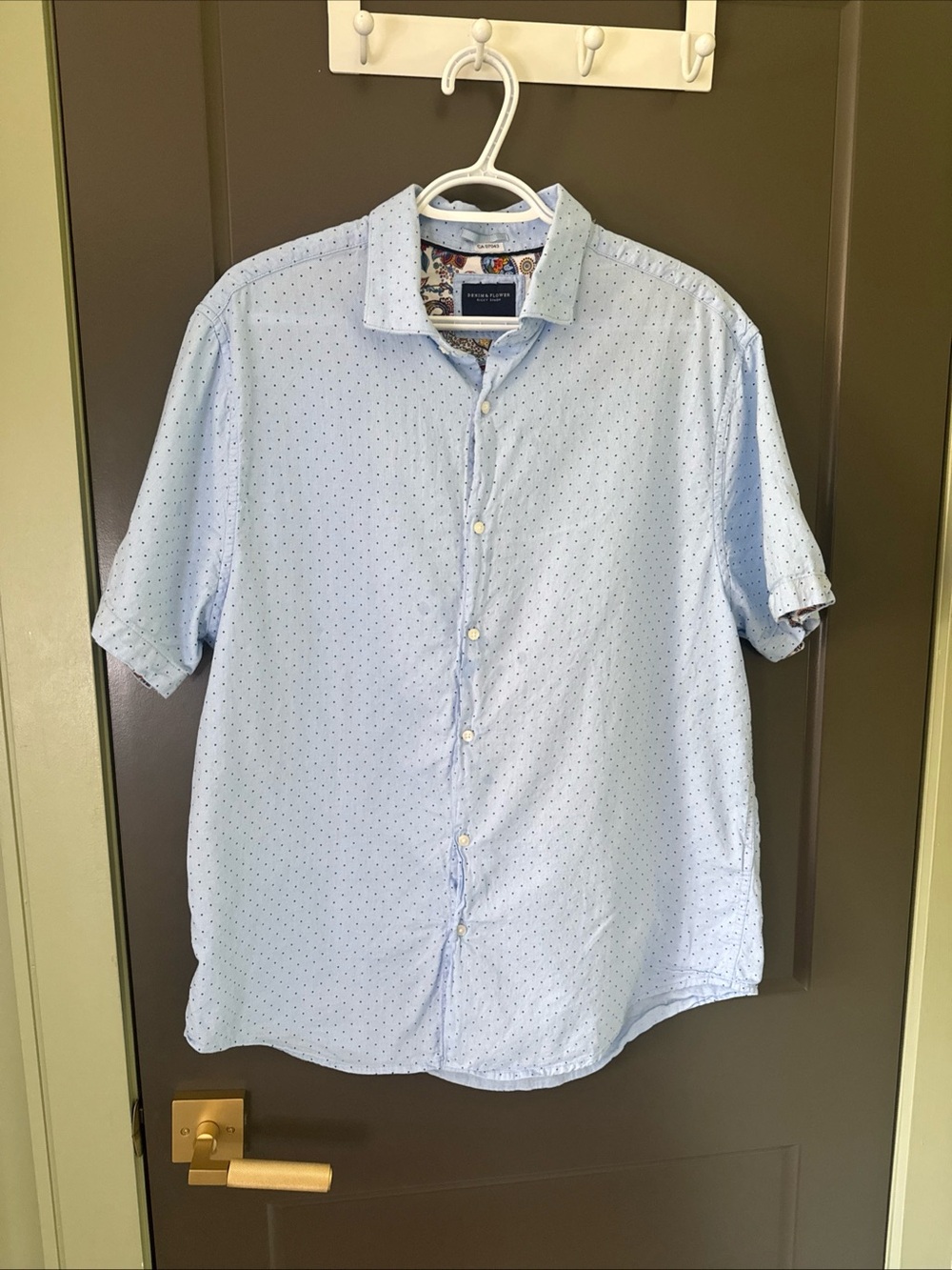 Denim & Flower Light Blue Short-Sleeve Dot-Print Button Down Shirt, Mens XL